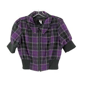 Digit@l Sz S Purple Black Silver Plaid Poly Blend S Sleeve Zip Front Jacket